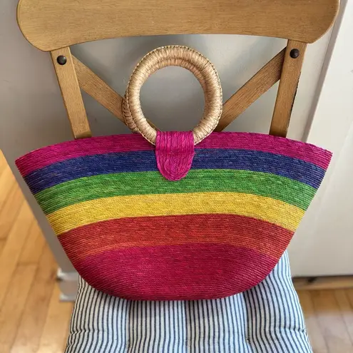 Vintage Pink Rainbow Striped Extra Large Raffia Straw Basket Bag Beach Travel