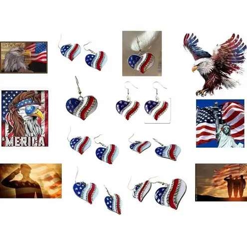 New Patriotic Heart Earrings Rhinestones Dangle Patriotic July 4 Veteran… Red