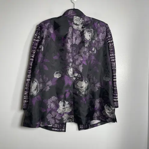 Ming Wang Jacket Cardigan Size Large Black Purple Floral Knit Clasp Closure Work