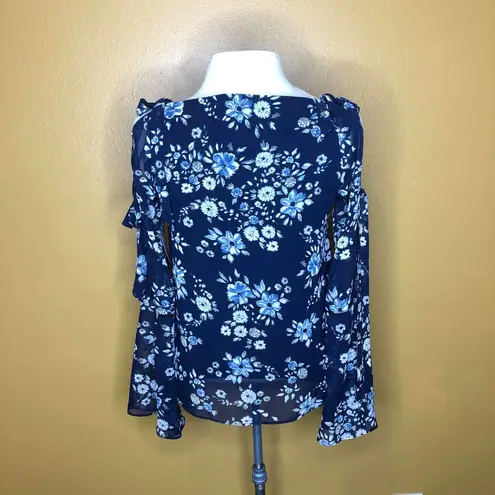 Maison Jules  Blue Floral Bell Sleeve Blouse Top, New, XS