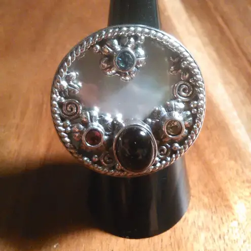 Shungite Multi Gemstone Mother of Pearl Sterling Silver Cocktail Ring (Size 7)