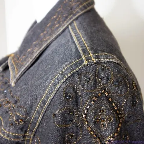 Laura Ashley brown beaded embroidered button up jean jacket, size M