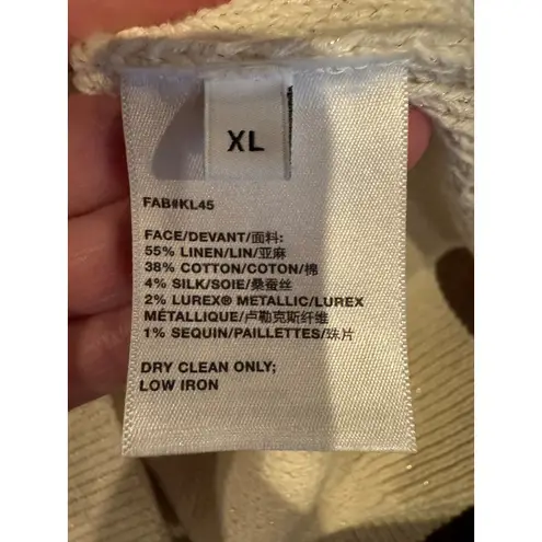 Lafayette 148 Sweater Women XL Ivory Linen Silk Cable Knit V Neck Preppy Luxury Gold