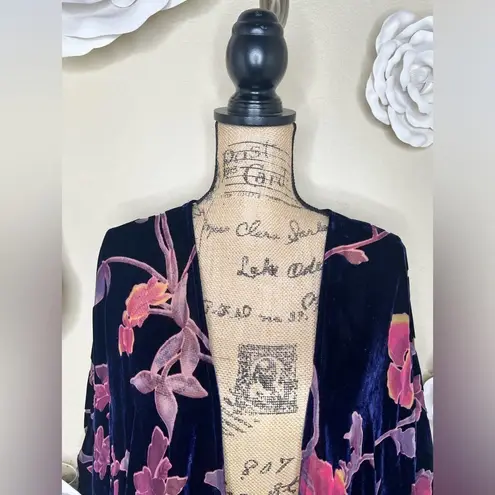 Entro  Velvet Navy Blue & Burgundy Sheer Floral Kimono Size Medium/Large
