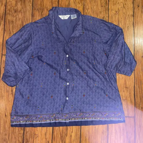 Victoria Jones Vintage Blue embroiled floral Button-Up Shirt top woman’s 1X 90s