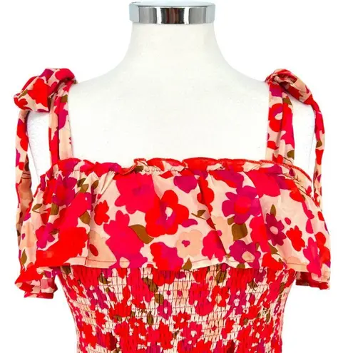 TCEC Red Pink Floral Smocked Mini Dress Ruffle Hem Tie Straps Size Large