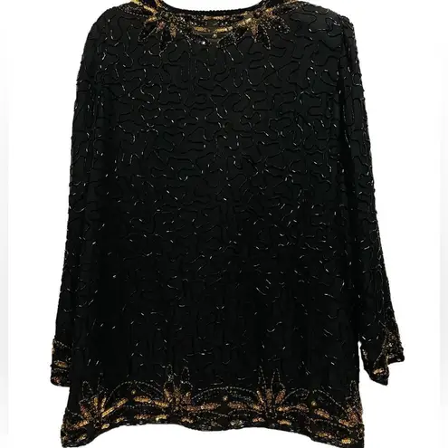 Night Vogue Vintage 80s Silk Black Gold Beaded Sequin Swirly Glam Party Jacket Size 1X