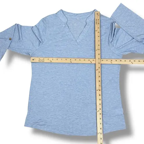 Heathered V Neck Roll Tab Long Sleeve Henley T Shirt Blue Large