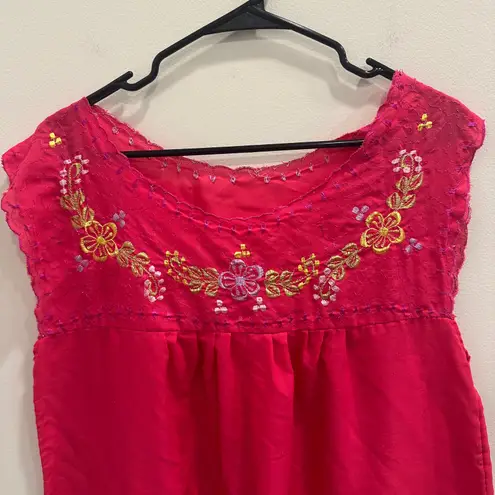 None Vintage Handmade Hot Pink Embroidered Floral Mexican House Dress Boho Cottage