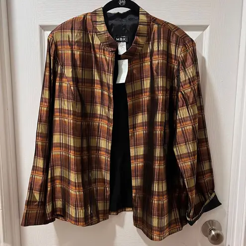 MSK Plaid Open Front Jacket Blazer Brown Gold Metallic Shimmer Evening Wear
