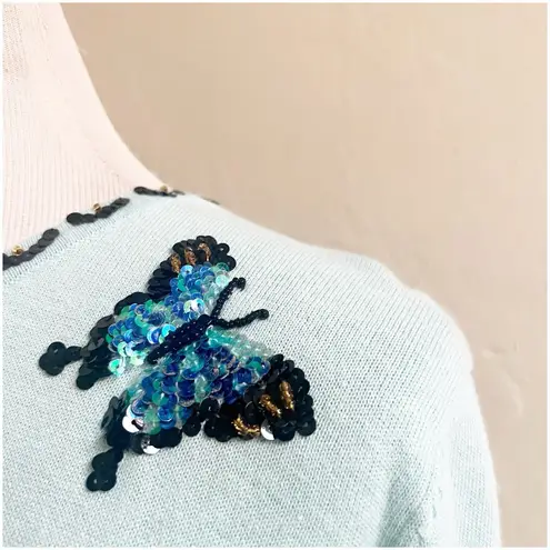 Storybook Knits Women’s Sequin Butterfly Appliqué Sweater Size Medium Teal Blue