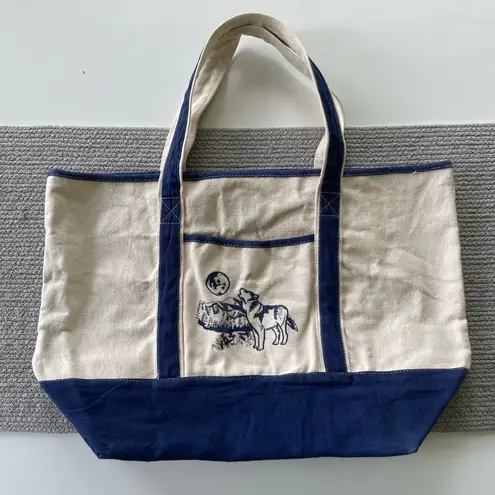 Vintage Ivory Navy Blue Embroidered Wolf Boat Oversized Tote Bag Fisherman Style