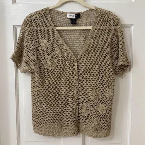 Open Knit Cottagecore Grandmacore Boho Crop Cardigan Crochet XL Studio JPR Brown