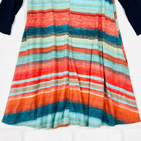 Filly Flair Women's Medium M Shift Dress Orange Teal Blue Striped 3/4 Sleeve