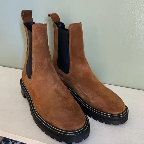 Staud Dutch Chelsea Boots Brown Suede with White Stitching Size 9