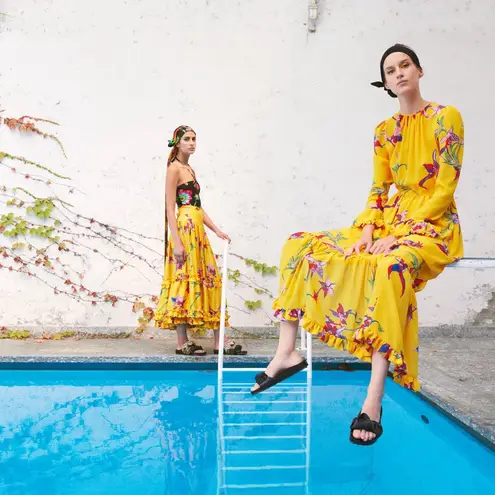 La DoubleJ Summer Visconti Silk Maxi Dress Yellow Floral Print Size XS NWOT