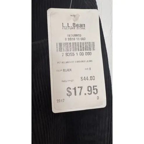 NWT L.L. Bean Relaxed Fit Black Corduroy high rise pants 8 petite 30" waist