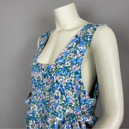 Vintage‎ Liberty Dress Apron Style Faux Wrap Side Ties Square Neck Blue Floral Size M