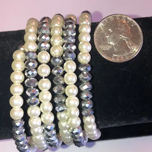 Elegant Faux Pearl and Dark Gray Black Beaded Boho Wrap Bracelet White