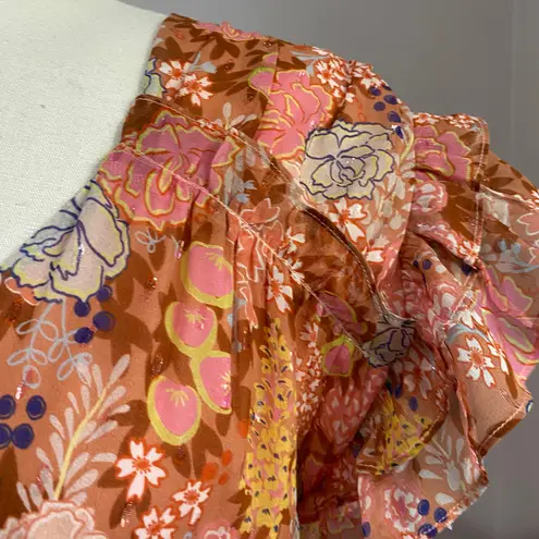 Marie Oliver Thea Silk Floral Mini Dress M Peachy Peonies Belted Ruffle Boho