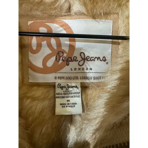 Pepe Jeans Tan Winter Overcoat M Faux Fur Trim Toggle Buttons Penny Lane Y2K 70s