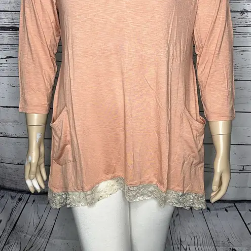 LOGO By Lori Goldstein LOGO Lori Goldstein NWOT Sz XL Pink - Lace Asymmetrical Slub Knit Top w/ Pockets