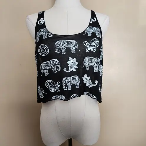 Papaya Black/White Boho Elephant Cropped Tank Top, Women's Small