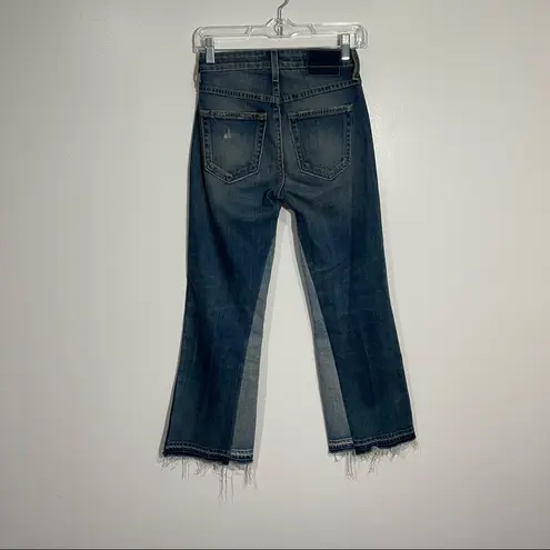 Anthropologie AMO Crop Boot Jeans Distressed w/ Raw Hem Button Fly Two Tone 24 Blue