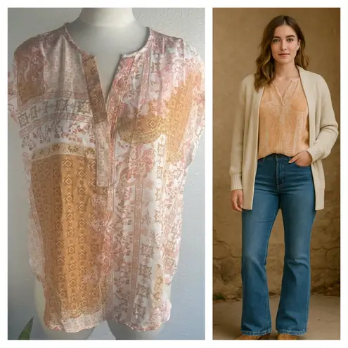 Cupcakes and Cashmere Blouse Women’s Small Boho Patchwork Print Top Short Sleeve Orange