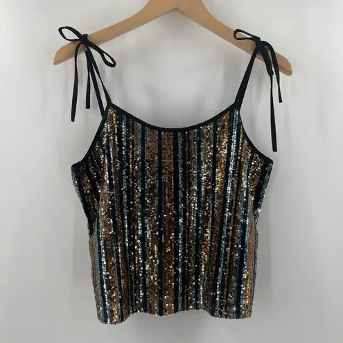 Say What? SAY WHAT? Sequin Tank Size Medium Stripe Button Back Tie Straps Open Back Party