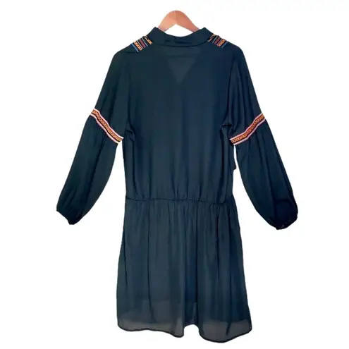 Misook Misslook Black Long Balloon Sleeve Boho Embroidered Tassel Peasant Dress