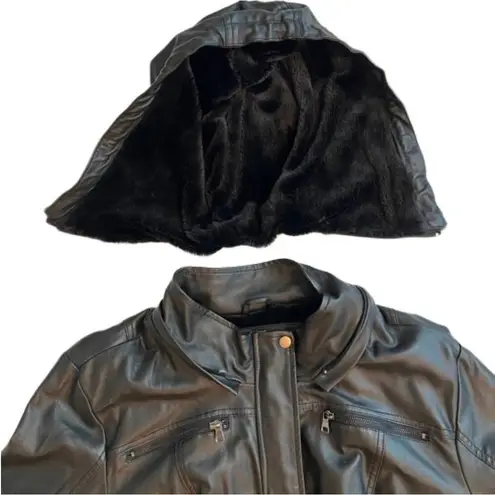 Cavalini Black Vegan Leather Faux Fur Lined Fitted Coat Size 3X Removable Hood