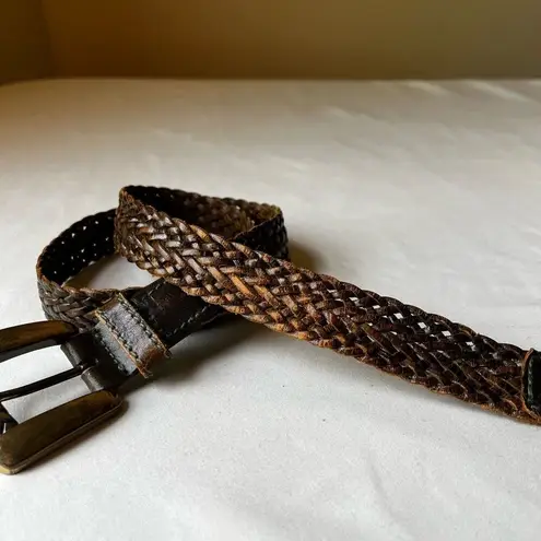 Vintage 1991 Liz Claiborne Belt Braided Brown Leather Gold Tone Chunky Buckle XS