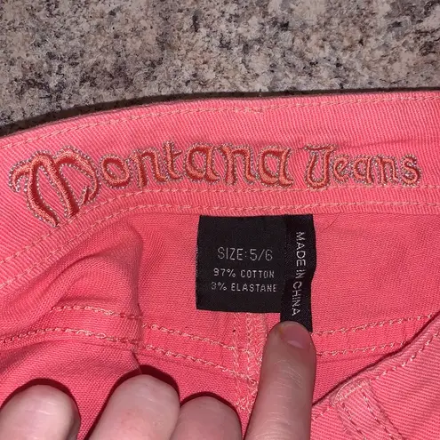 Montana Jeans Western Neon coral floral lace detail fringe Jean shorts