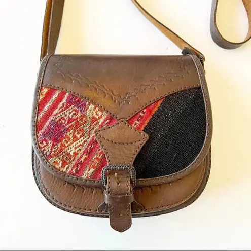 Vintage Leather and Fabric Boho Crossbody Saddlebag Purse Southwestern Cowgirl Brown