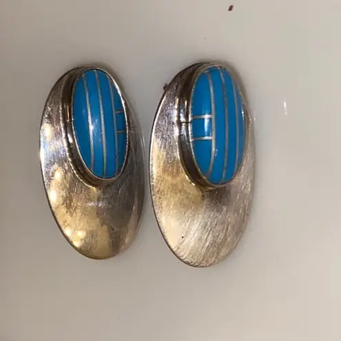 Navajo Native American Sleeping Beauty Turquoise Earrings by Calvin Begay Blue
