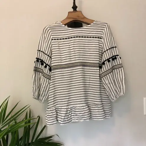 Suzanne Betro WEEKEND STRIPED POM POM 3\4 SLEEVE WOMENS TOP