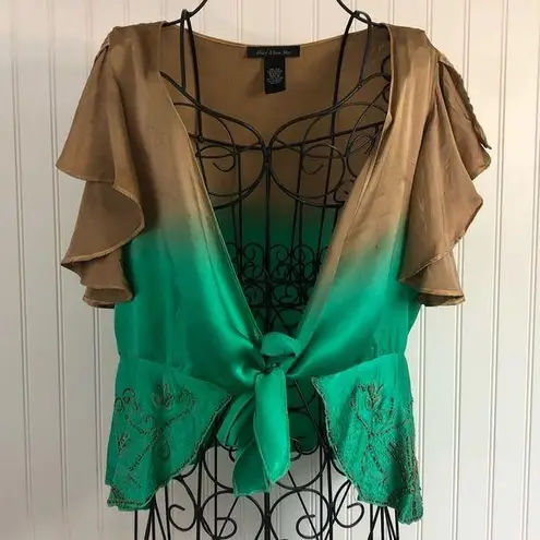 Heart Moon Star Brown and Green Ruffle Sleeve Silk Mai Tie Top Size M