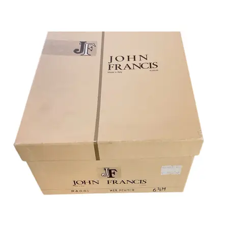 John Francis Raggi Metallic Pewter Woven Leather Peep toe Flats Size 6.5 Italy Silver