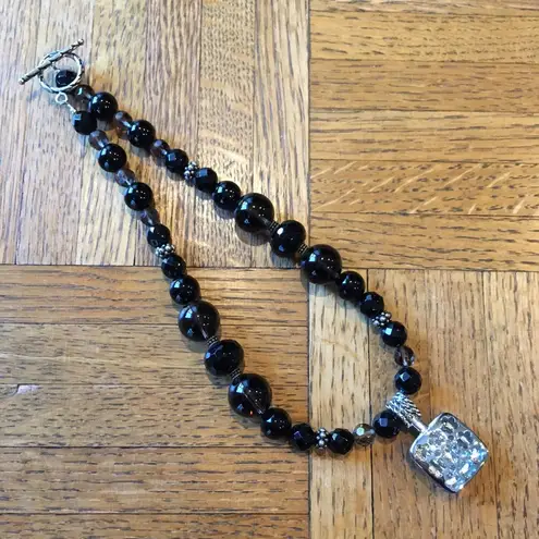 Black Bead Necklace with Pave Diamond Like Pendant