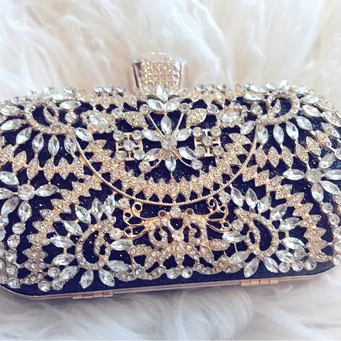 BLACK AND GOLD CRYSTAL DIAMOND EVENING CLUTCH BAG