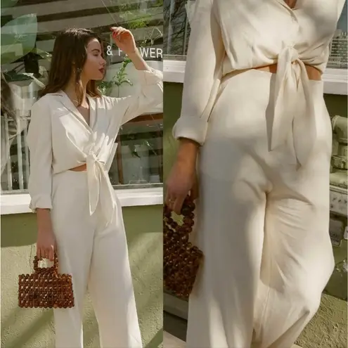 Nanushka Tanya Jumpsuit Size Small Long Sleeve Cut Out Tie Front Cream