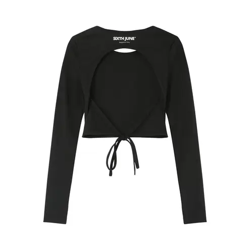 Boutique SIXTH JUNE Long Sleeve Open Back Ribbed Crop Top Women’s Size S Black NWT