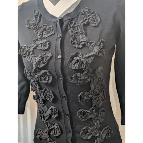 Evie. S Black Silk Blend Cardigan with 3D Rosette Ruffle Embellishments