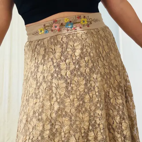 Aratta Silent Journey Women Boho Lace Floral Embroidered Waistband Maxi Skirt XS Tan