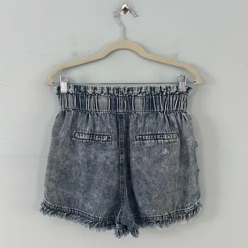 Tgla Paper Bag High Rise Acid Wash Frayed Hem Jean Shorts Blue