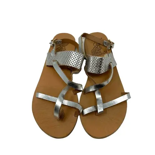 Ancient Greek Sandals Lasercut Flat Leather Sandals Silver Size 38 US 8