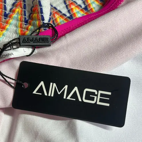 Aimage Women's High Waist Two Piece Bikini Set Aztec Swimsuit Pink L Large NEW