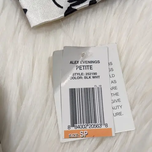 Alex Evenings Women's White Black Floral Bow Shawl Collar Satin Blouse Size SP