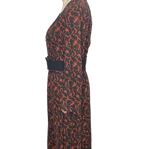 ALC Frank A.L.C. Black Red Paley Silk Midi Dress Zip Front Belted Front Slit Size 4